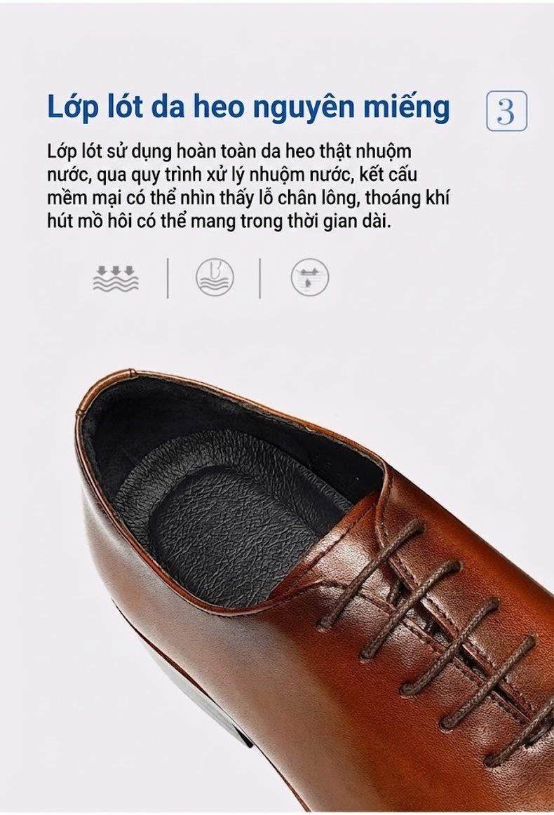 Giày Tây Buộc Dây Nam Da Bò Chiều Cao Đế Khoảng 3cm Màu Đen, Nâu chi tiết 11
