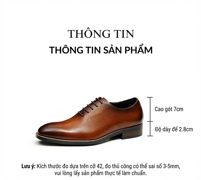 Giày Tây Buộc Dây Nam Da Bò Chiều Cao Đế Khoảng 3cm Màu Đen, Nâu chi tiết 7