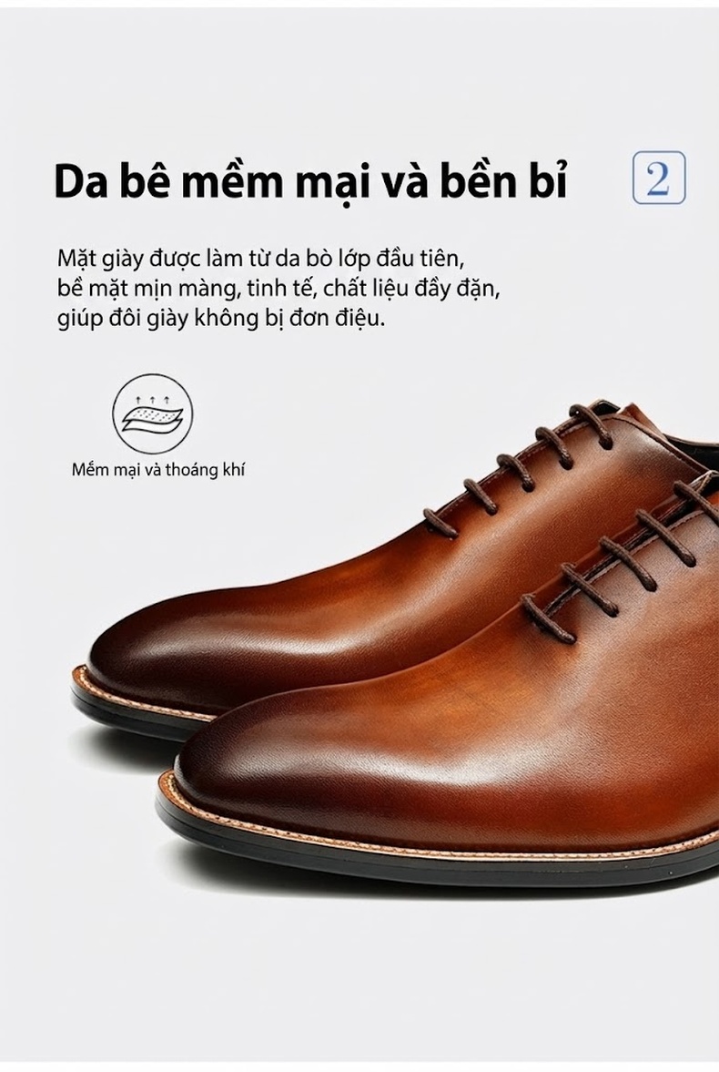 Giày Tây Buộc Dây Nam Da Bò Chiều Cao Đế Khoảng 3cm Màu Đen, Nâu chi tiết 10