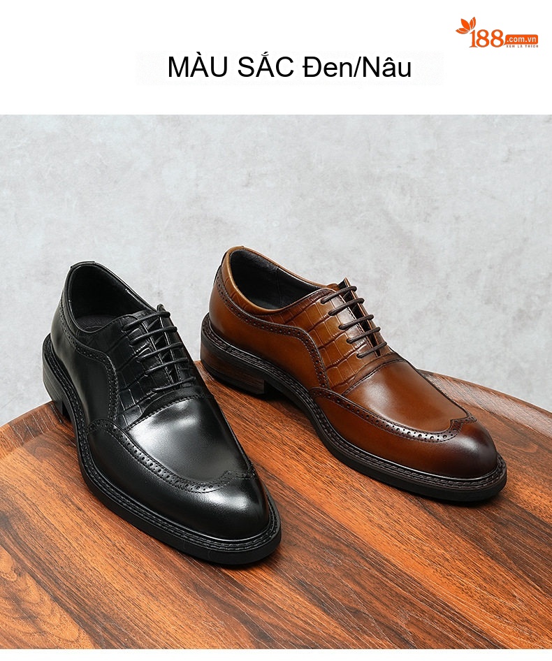 Giày Tây Buộc Dây Nam Da Bò Chiều Cao Đế Khoảng 3cm Màu Đen, Nâu chi tiết 3