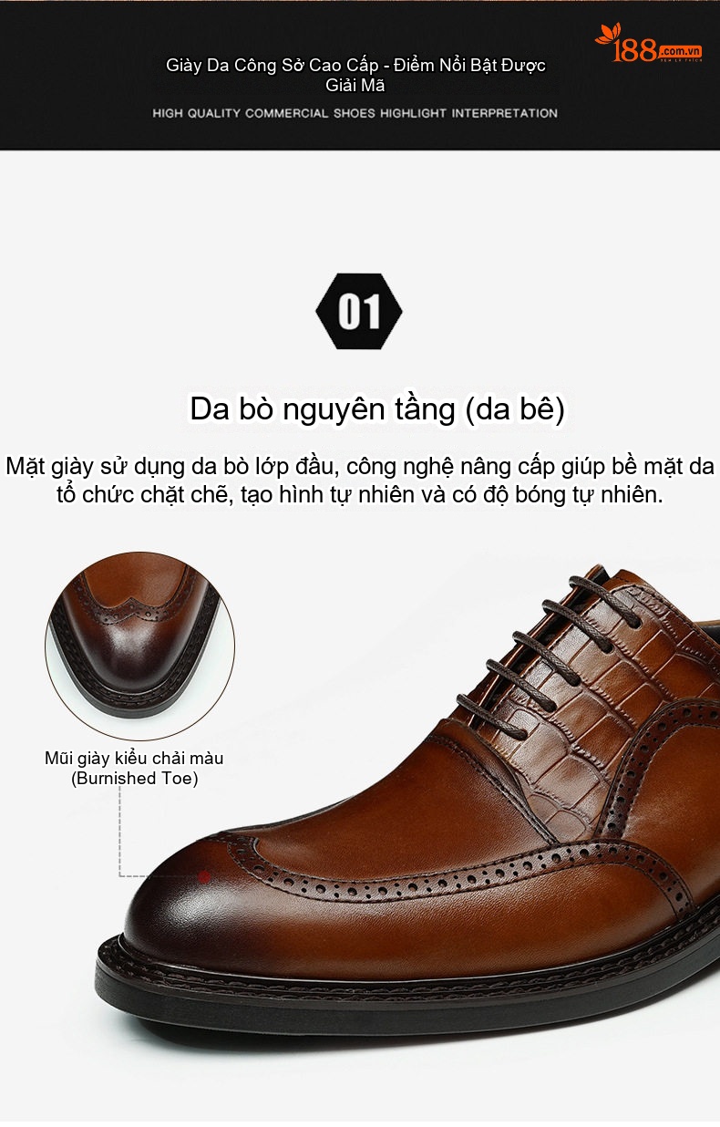 Giày Tây Buộc Dây Nam Da Bò Chiều Cao Đế Khoảng 3cm Màu Đen, Nâu chi tiết 5