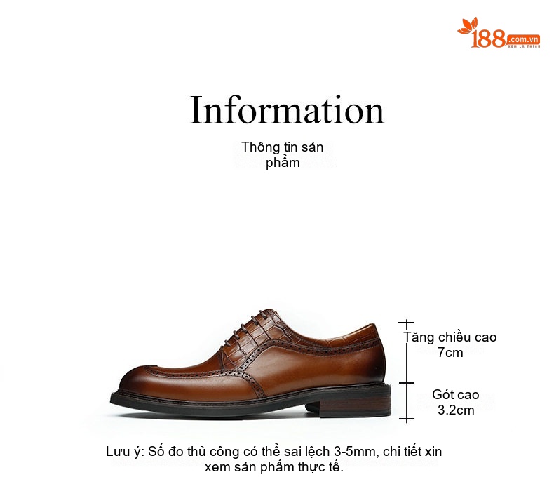 Giày Tây Buộc Dây Nam Da Bò Chiều Cao Đế Khoảng 3cm Màu Đen, Nâu chi tiết 8
