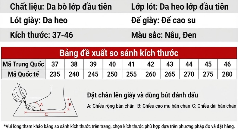 Giày Tây Buộc Dây Nam Da Bò Chiều Cao Đế Khoảng 3cm Màu Đen, Nâu chi tiết 9