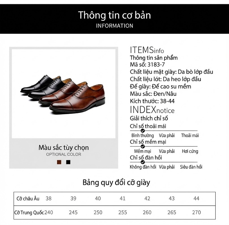 Giày Tây Buộc Dây Nam Da Bò Chiều Cao Đế Khoảng 3cm Màu Đen, Nâu chi tiết 7
