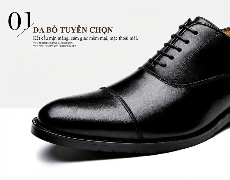 Giày Tây Buộc Dây Nam Da Bò Chiều Cao Đế Khoảng 3cm Màu Đen, Nâu chi tiết 9