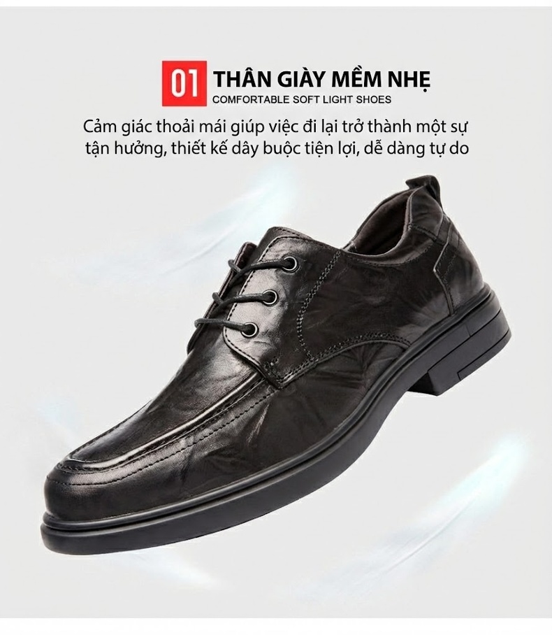Giày Tây Buộc Dây Nam Da Bò Chiều Cao Đế Khoảng 3cm Màu Đen, Nâu chi tiết 5