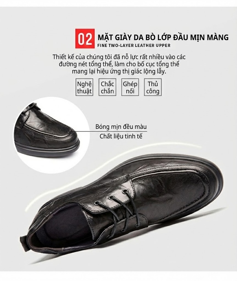 Giày Tây Buộc Dây Nam Da Bò Chiều Cao Đế Khoảng 3cm Màu Đen, Nâu chi tiết 6
