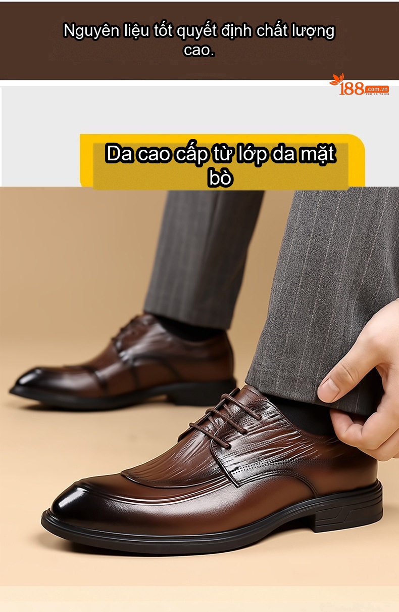Giày Tây Buộc Dây Nam Da Bò Chiều Cao Đế Khoảng 3cm Màu Đen, Nâu chi tiết 7