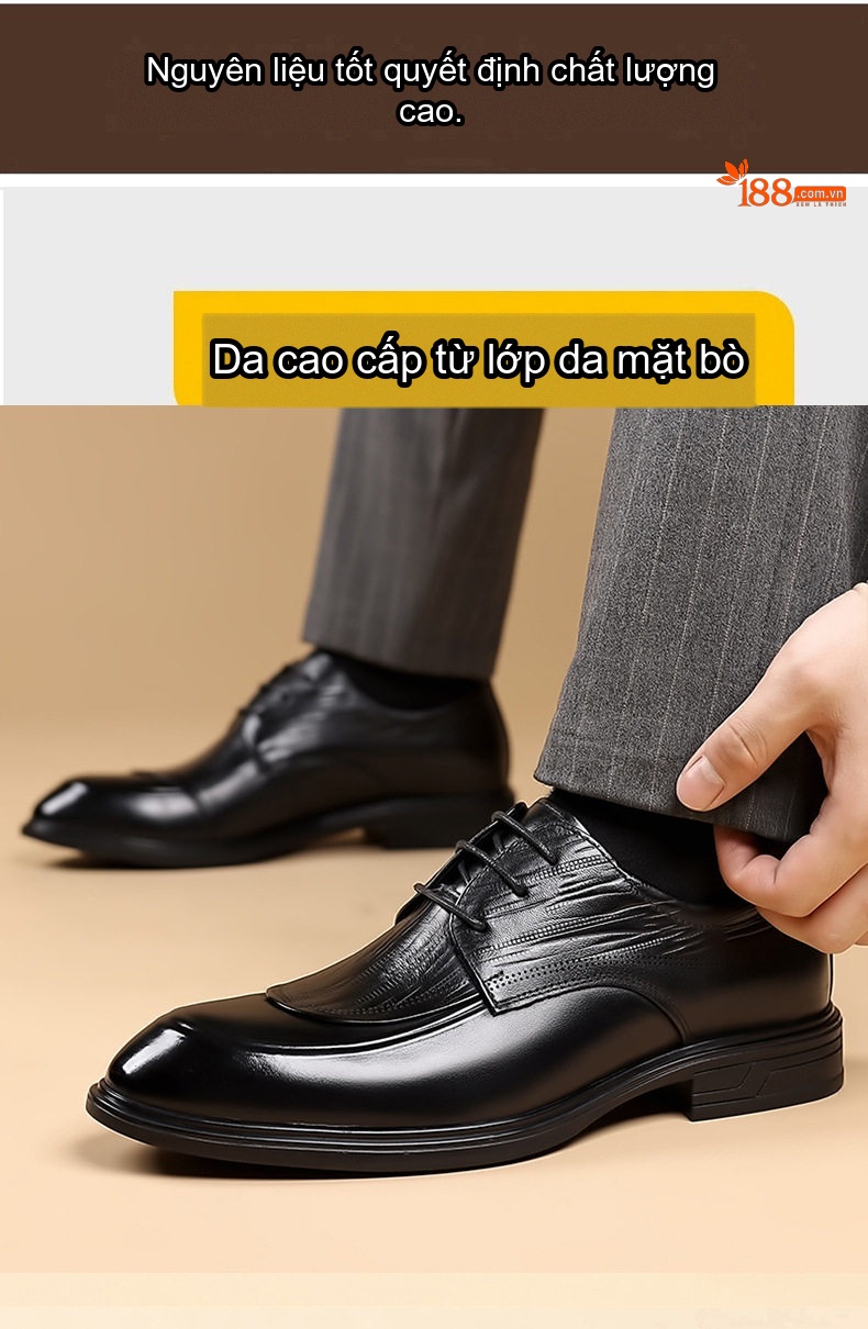 Giày Tây Buộc Dây Nam Da Bò Chiều Cao Đế Khoảng 3cm Màu Đen, Nâu chi tiết 8