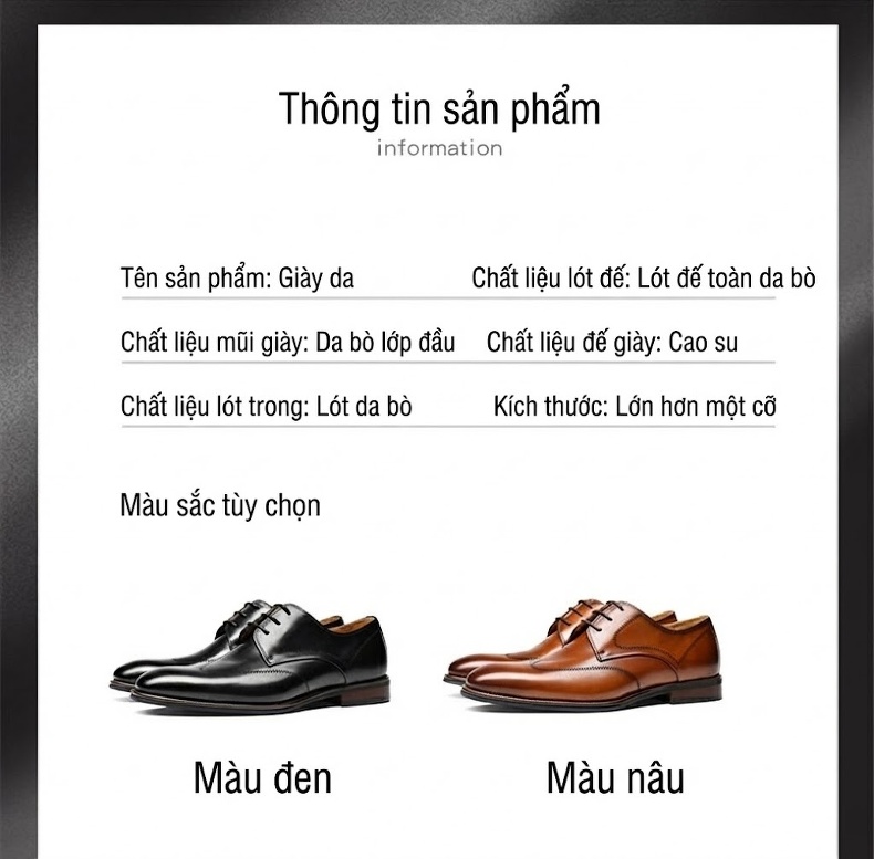Giày Tây Buộc Dây Nam Da Bò Chiều Cao Đế Khoảng 3cm Màu Đen, Nâu chi tiết 6