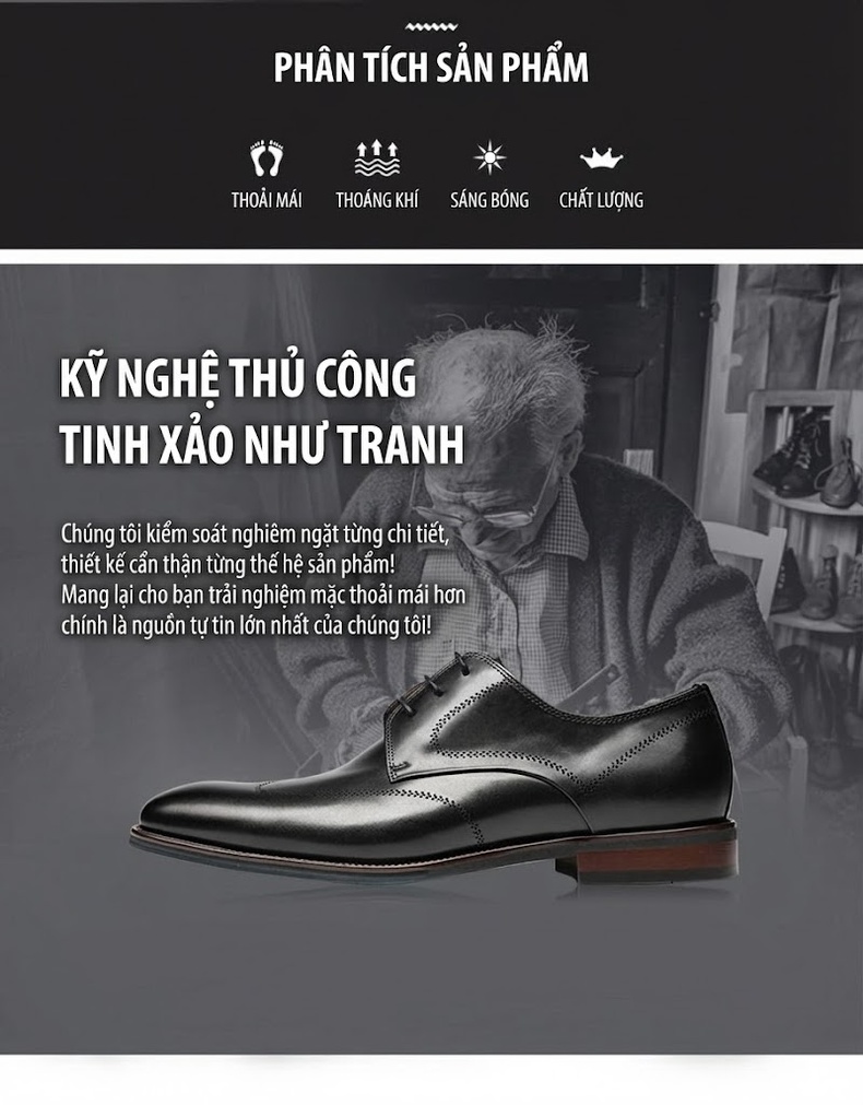 Giày Tây Buộc Dây Nam Da Bò Chiều Cao Đế Khoảng 3cm Màu Đen, Nâu chi tiết 7