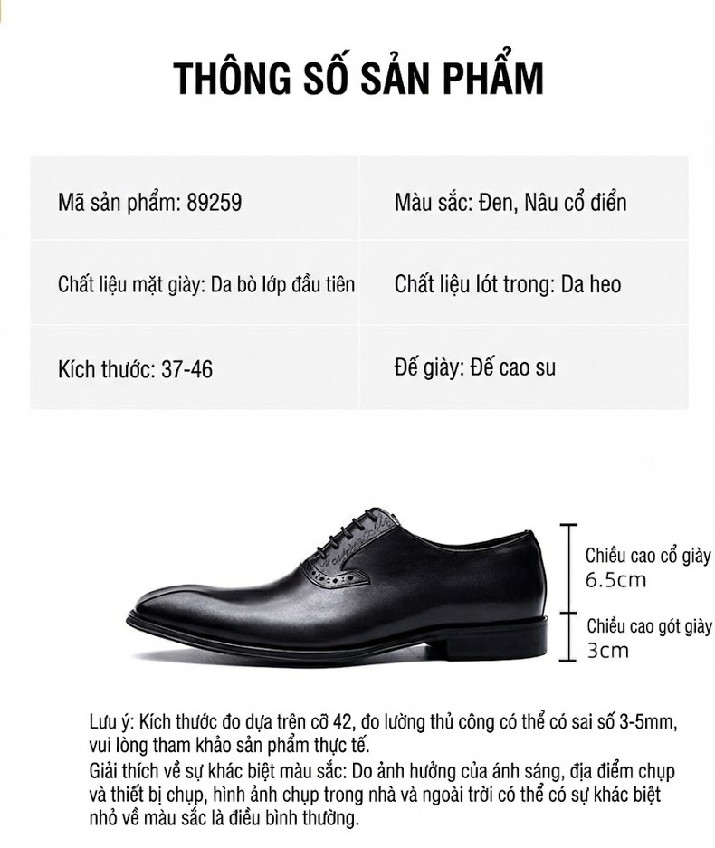 Giày Tây Buộc Dây Nam Da Bò Chiều Cao Đế Khoảng 3cm Màu Đen, Nâu chi tiết 2