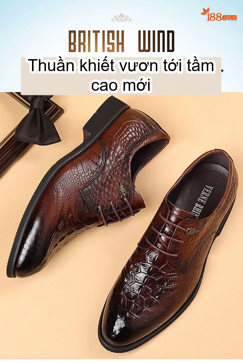 Giày Tây Buộc Dây Nam Da Bò Chiều Cao Đế Khoảng 3cm Màu Đen, Nâu chi tiết 1