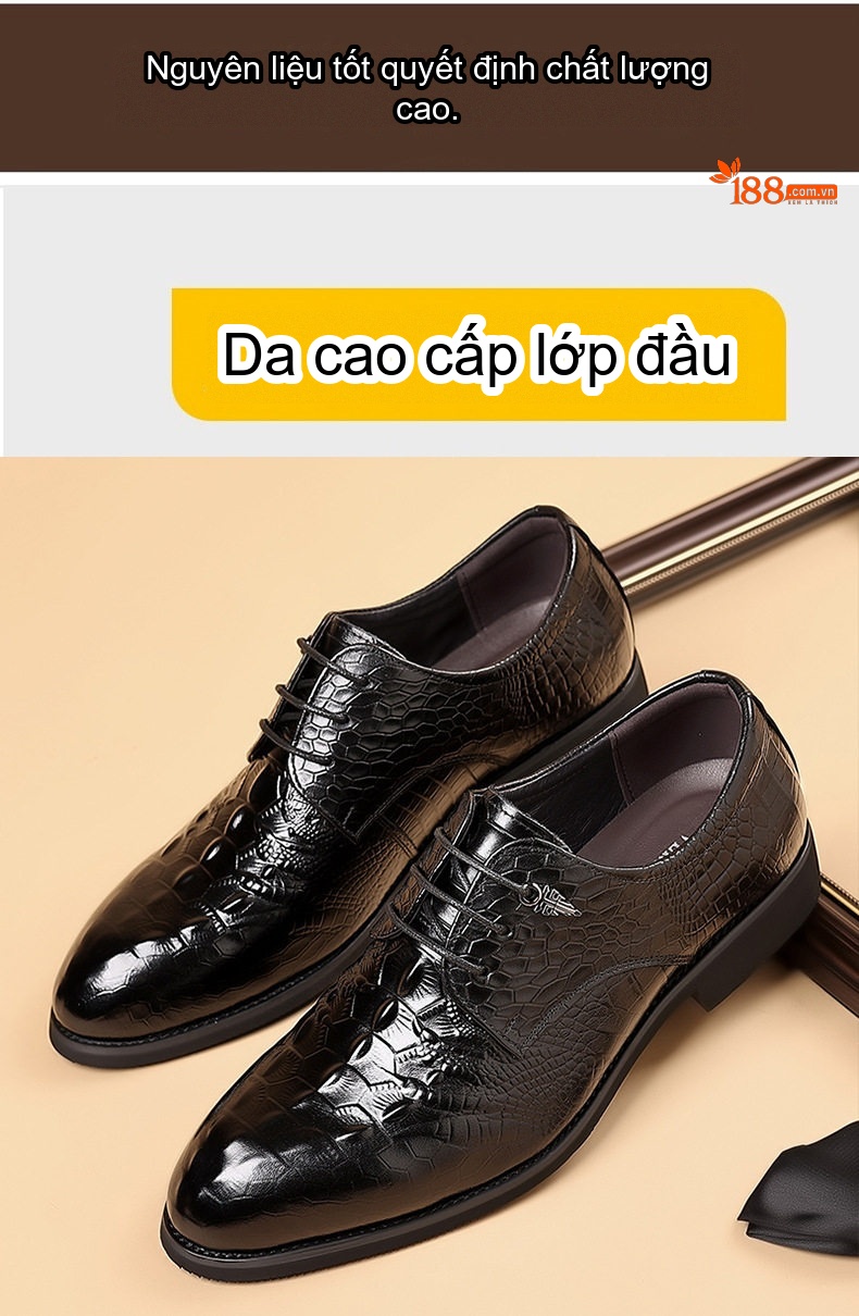 Giày Tây Buộc Dây Nam Da Bò Chiều Cao Đế Khoảng 3cm Màu Đen, Nâu chi tiết 4