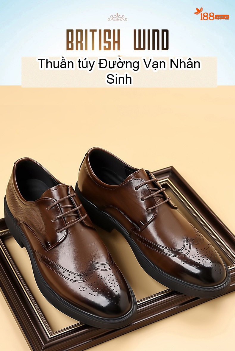 Giày Tây Buộc Dây Nam Da Bò Chiều Cao Đế Khoảng 3cm Màu Đen, Nâu chi tiết 3