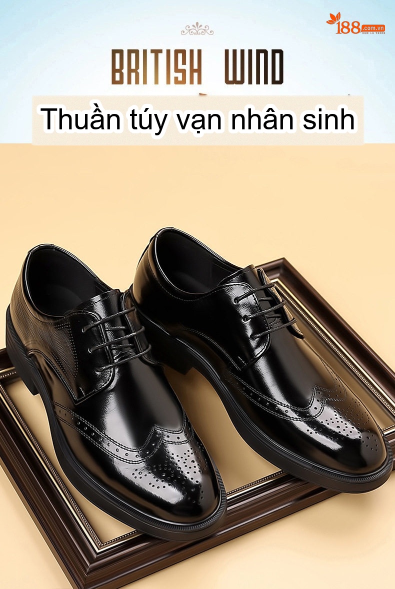 Giày Tây Buộc Dây Nam Da Bò Chiều Cao Đế Khoảng 3cm Màu Đen, Nâu chi tiết 4