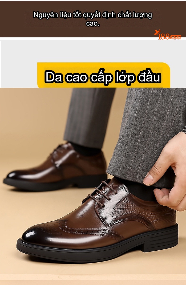 Giày Tây Buộc Dây Nam Da Bò Chiều Cao Đế Khoảng 3cm Màu Đen, Nâu chi tiết 7