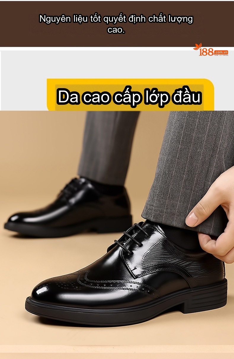 Giày Tây Buộc Dây Nam Da Bò Chiều Cao Đế Khoảng 3cm Màu Đen, Nâu chi tiết 8