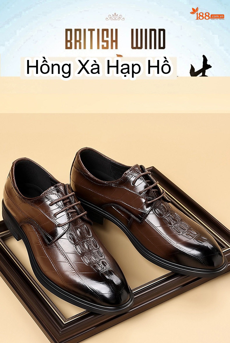 Giày Tây Buộc Dây Nam Da Bò Chiều Cao Đế Khoảng 3cm Màu Đen, Nâu chi tiết 4