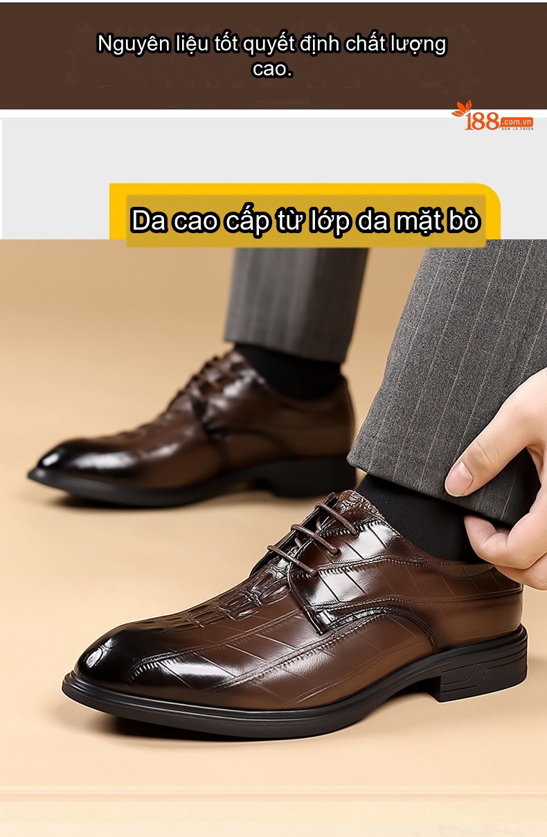 Giày Tây Buộc Dây Nam Da Bò Chiều Cao Đế Khoảng 3cm Màu Đen, Nâu chi tiết 7
