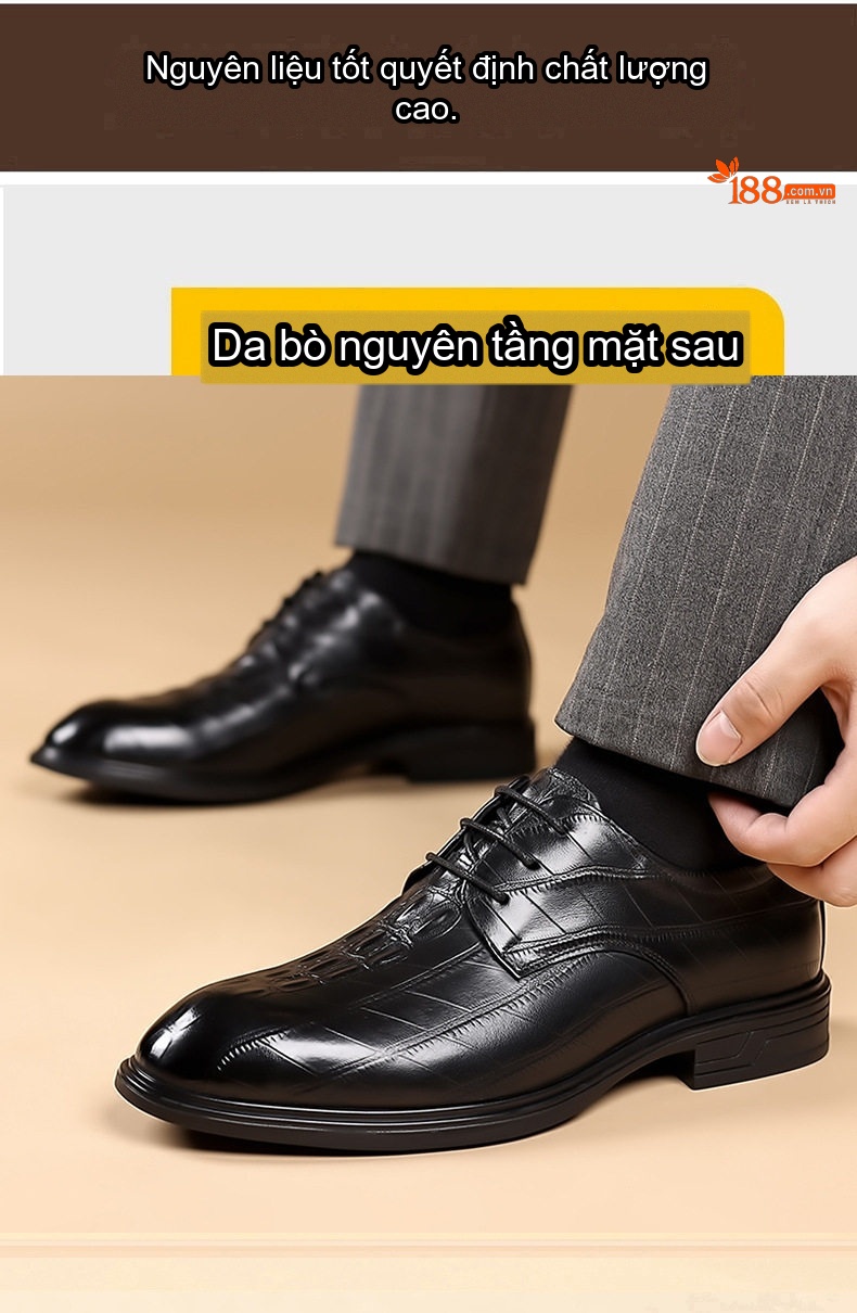 Giày Tây Buộc Dây Nam Da Bò Chiều Cao Đế Khoảng 3cm Màu Đen, Nâu chi tiết 8