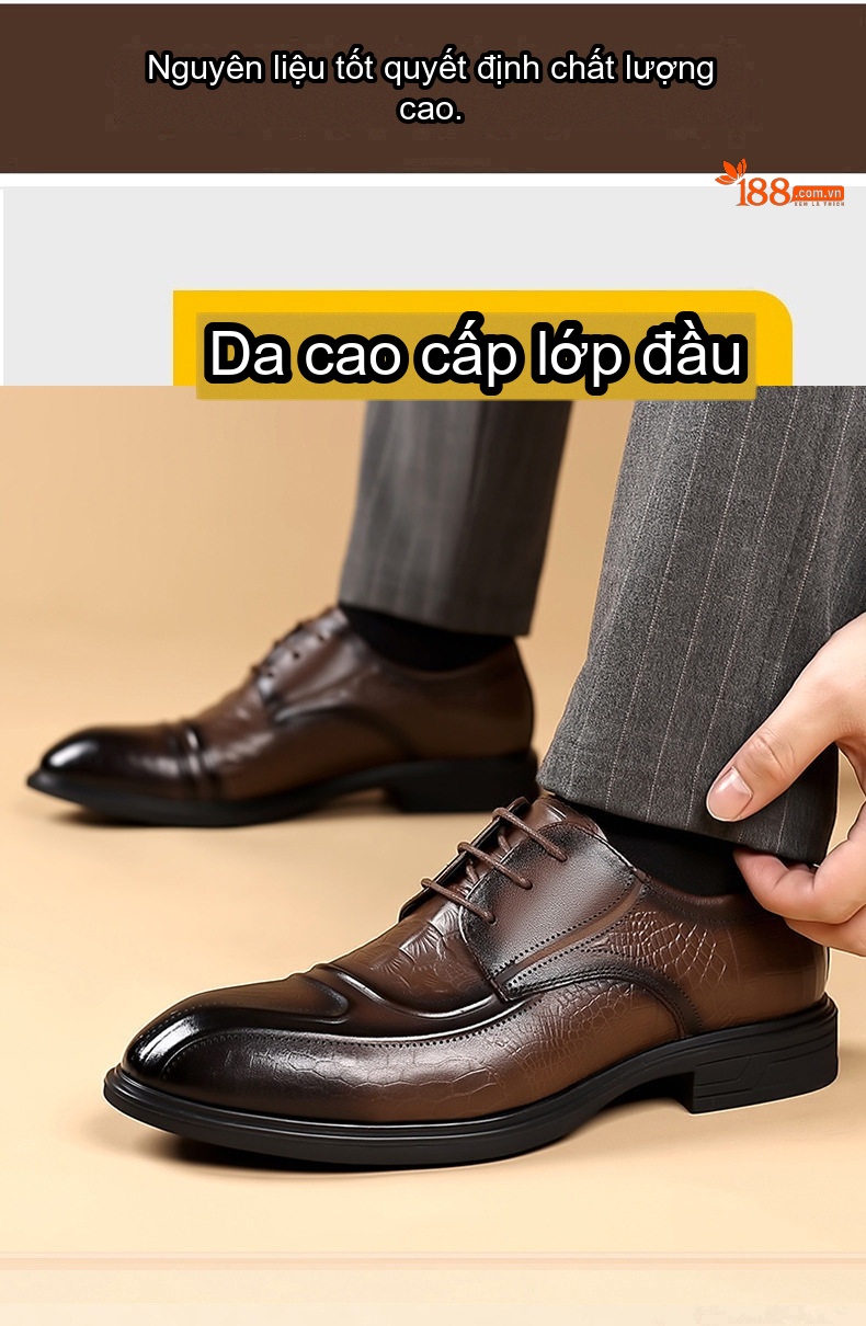 Giày Tây Buộc Dây Nam Da Bò Chiều Cao Đế Khoảng 3cm Màu Đen, Nâu chi tiết 7