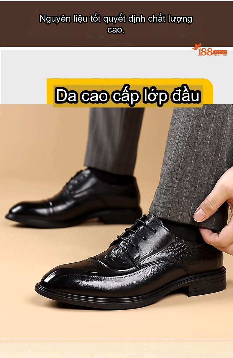 Giày Tây Buộc Dây Nam Da Bò Chiều Cao Đế Khoảng 3cm Màu Đen, Nâu chi tiết 8