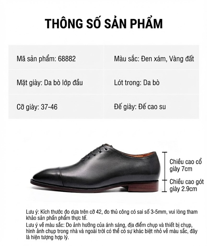 Giày Tây Buộc Dây Nam Da Bò Chiều Cao Đế Khoảng 3cm Màu Đen, Nâu chi tiết 2