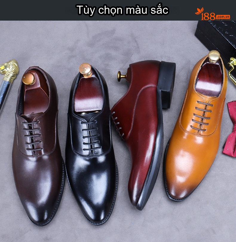 Giày Tây Buộc Dây Nam Da Bò Chiều Cao Đế Khoảng 3cm Màu Đen, Nâu, Đỏ chi tiết 3