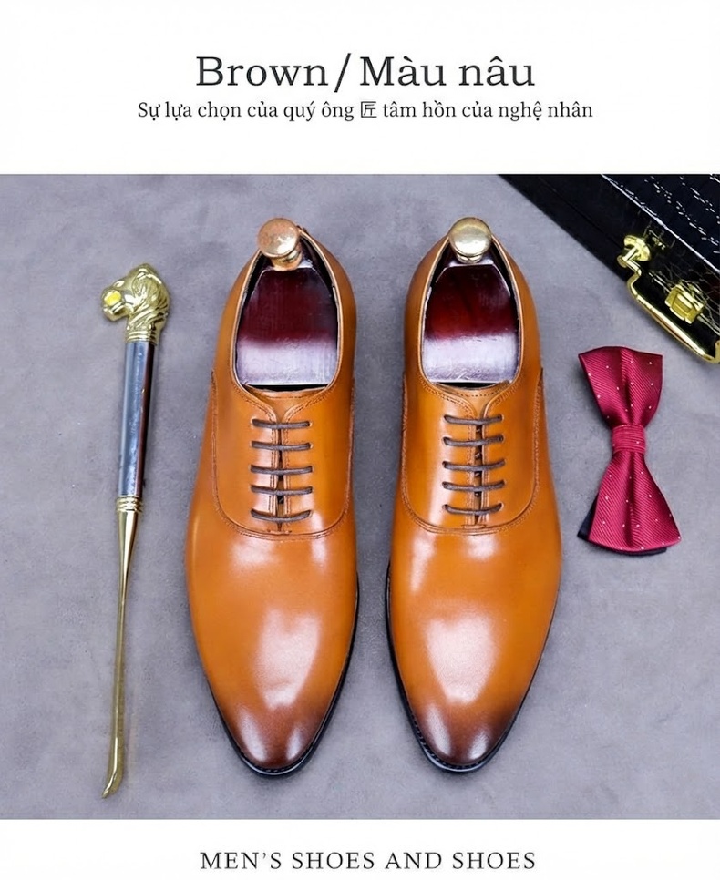 Giày Tây Buộc Dây Nam Da Bò Chiều Cao Đế Khoảng 3cm Màu Đen, Nâu, Đỏ chi tiết 4