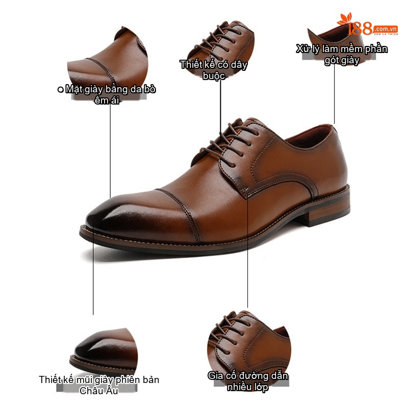 Giày Tây Buộc Dây Nam Da Bò Chiều Cao Đế Khoảng 3cm Màu Đen, Nâu