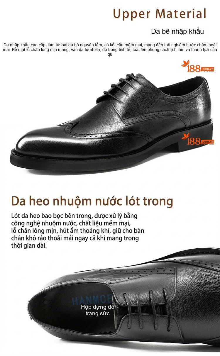 Giày Tây Buộc Dây Nam Da Bò Chiều Cao Đế Khoảng 3cm Màu Đen, Nâu chi tiết 1