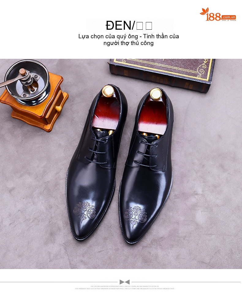 Giày Tây Buộc Dây Nam Da Bò Chiều Cao Đế Khoảng 3cm Màu Đen, Nâu, Vàng chi tiết 11