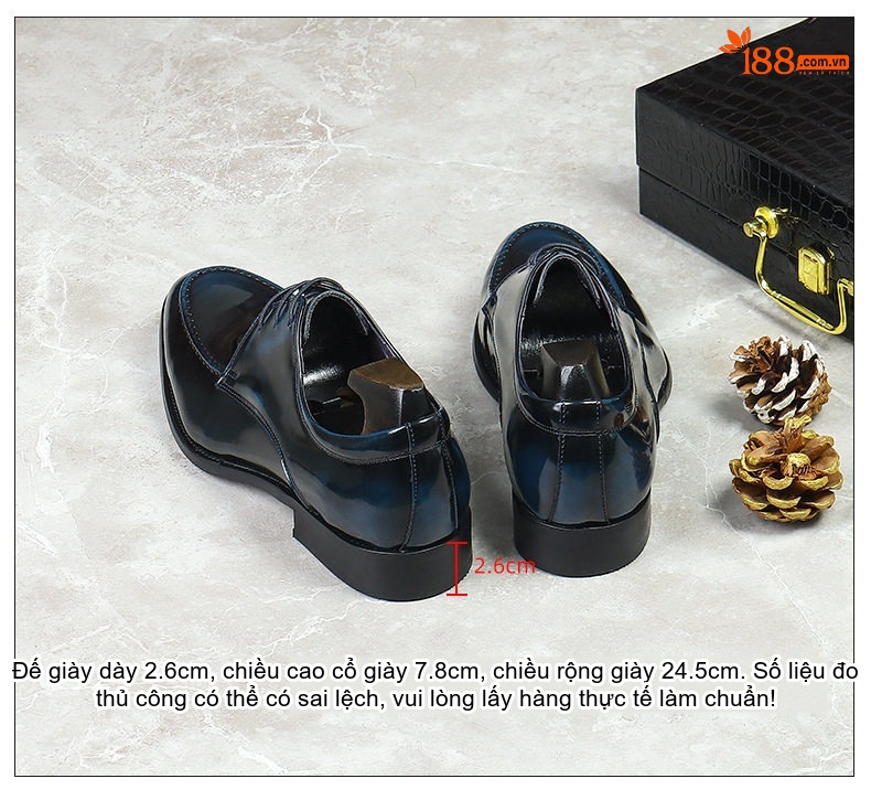 Giày Tây Buộc Dây Nam Da Bò Chiều Cao Đế Khoảng 3cm Màu Đen, Nâu, Xanh Dương chi tiết 3