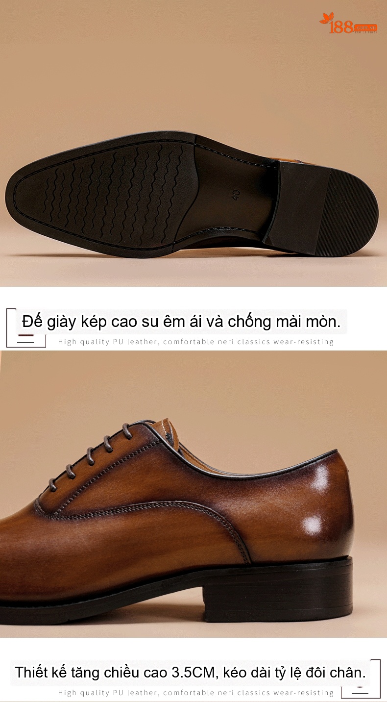 Giày Tây Buộc Dây Nam Da Bò Chiều Cao Đế Khoảng 3cm Màu Nâu chi tiết 4