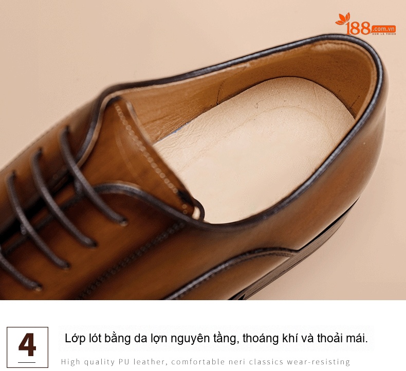 Giày Tây Buộc Dây Nam Da Bò Chiều Cao Đế Khoảng 3cm Màu Nâu chi tiết 5