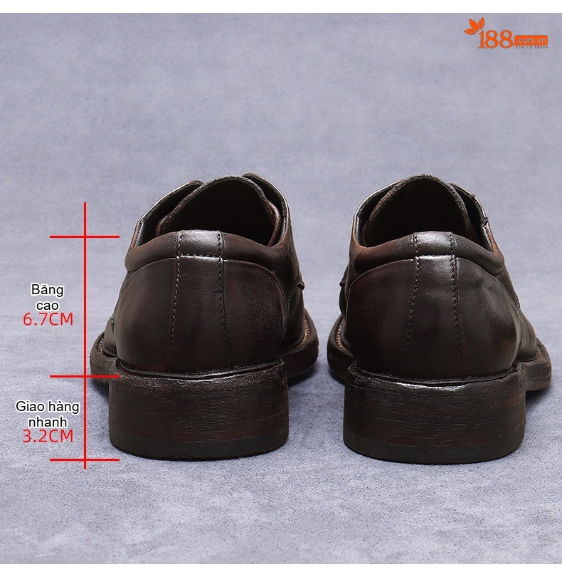 Giày Tây Buộc Dây Nam Da Bò Chiều Cao Đế Khoảng 3cm Màu Nâu Đậm chi tiết 10