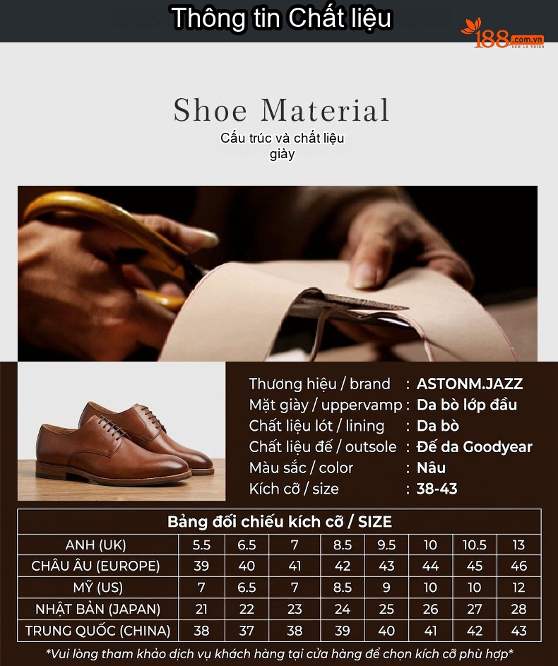 Giày Tây Buộc Dây Nam Da Bò Chiều Cao Đế Khoảng 3cm Màu Nâu Đậm chi tiết 3
