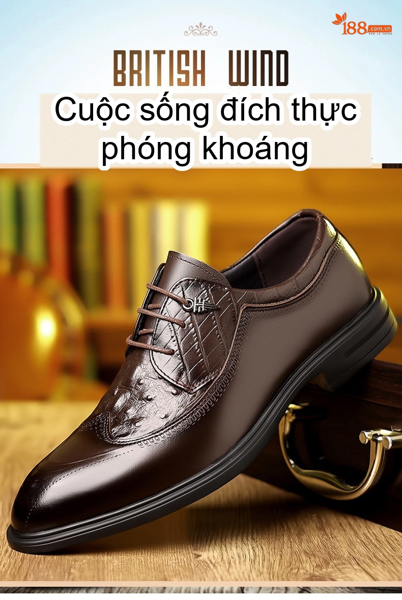 Giày Tây Buộc Dây Nam Da Bò Chiều Cao Đế Khoảng 3cm Màu Nâu, Đen chi tiết 1