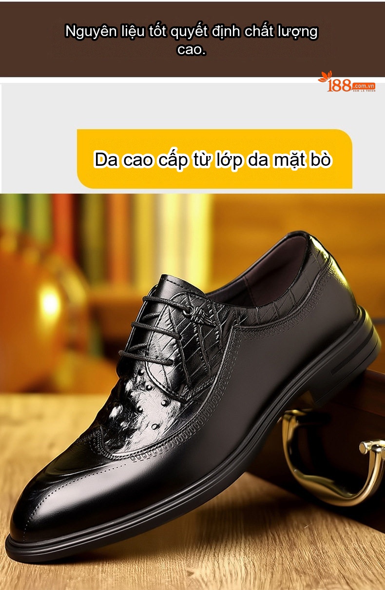 Giày Tây Buộc Dây Nam Da Bò Chiều Cao Đế Khoảng 3cm Màu Nâu, Đen chi tiết 5
