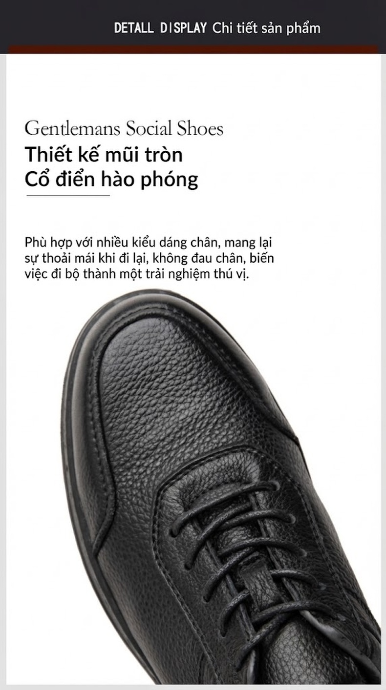 Giày Tây Buộc Dây Nam Da Bò Chiều Cao Đế Khoảng 3cm Màu Nâu, Đen chi tiết 8