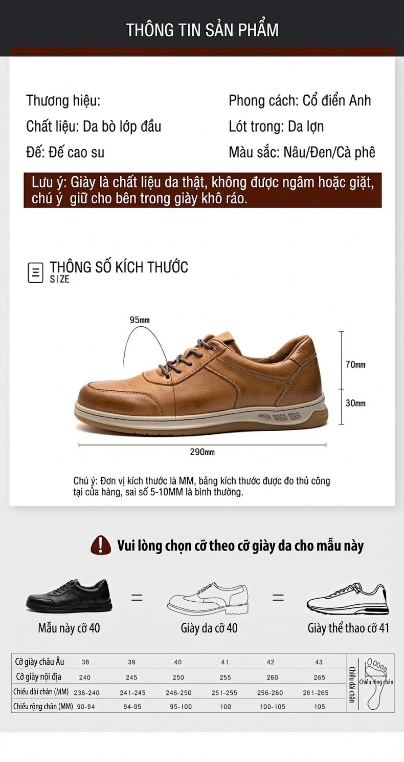 Giày Tây Buộc Dây Nam Da Bò Chiều Cao Đế Khoảng 3cm Màu Nâu, Đen chi tiết 7