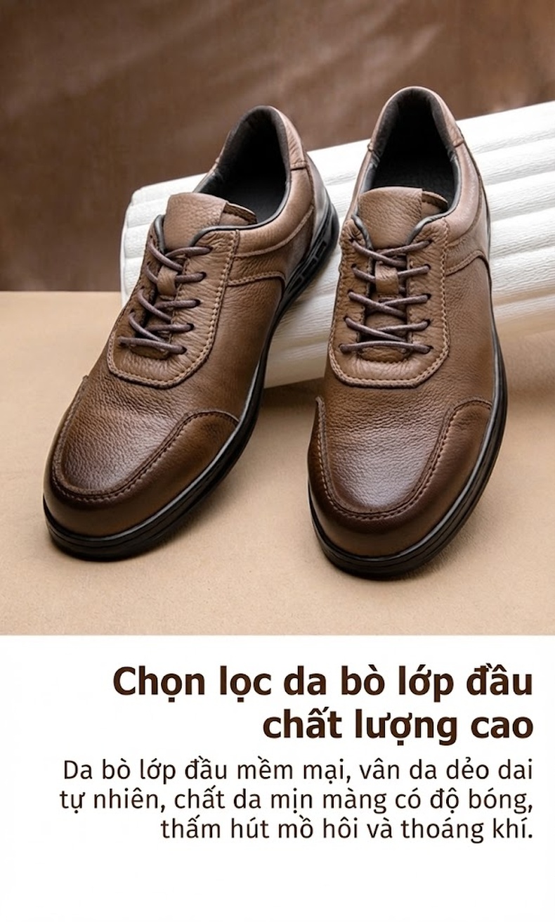 Giày Tây Buộc Dây Nam Da Bò Chiều Cao Đế Khoảng 3cm Màu Nâu, Đen chi tiết 4