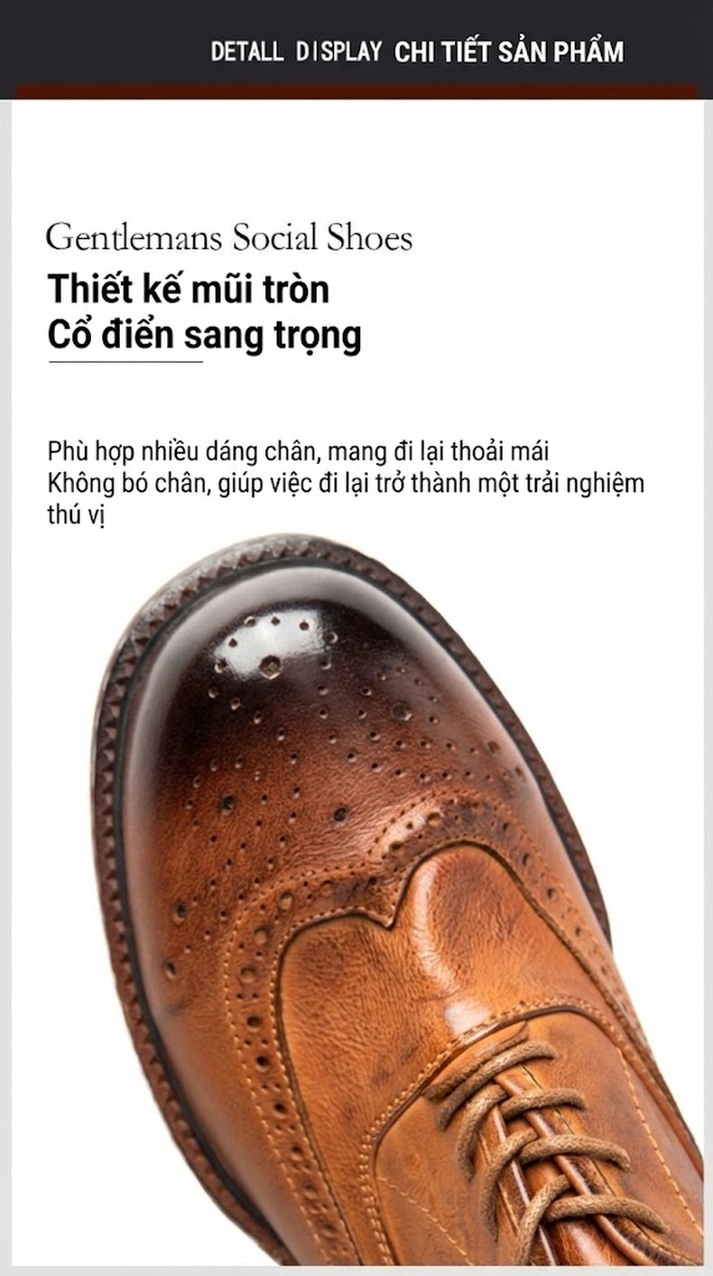 Giày Tây Buộc Dây Nam Da Bò Chiều Cao Đế Khoảng 3cm Màu Nâu, Đen chi tiết 8