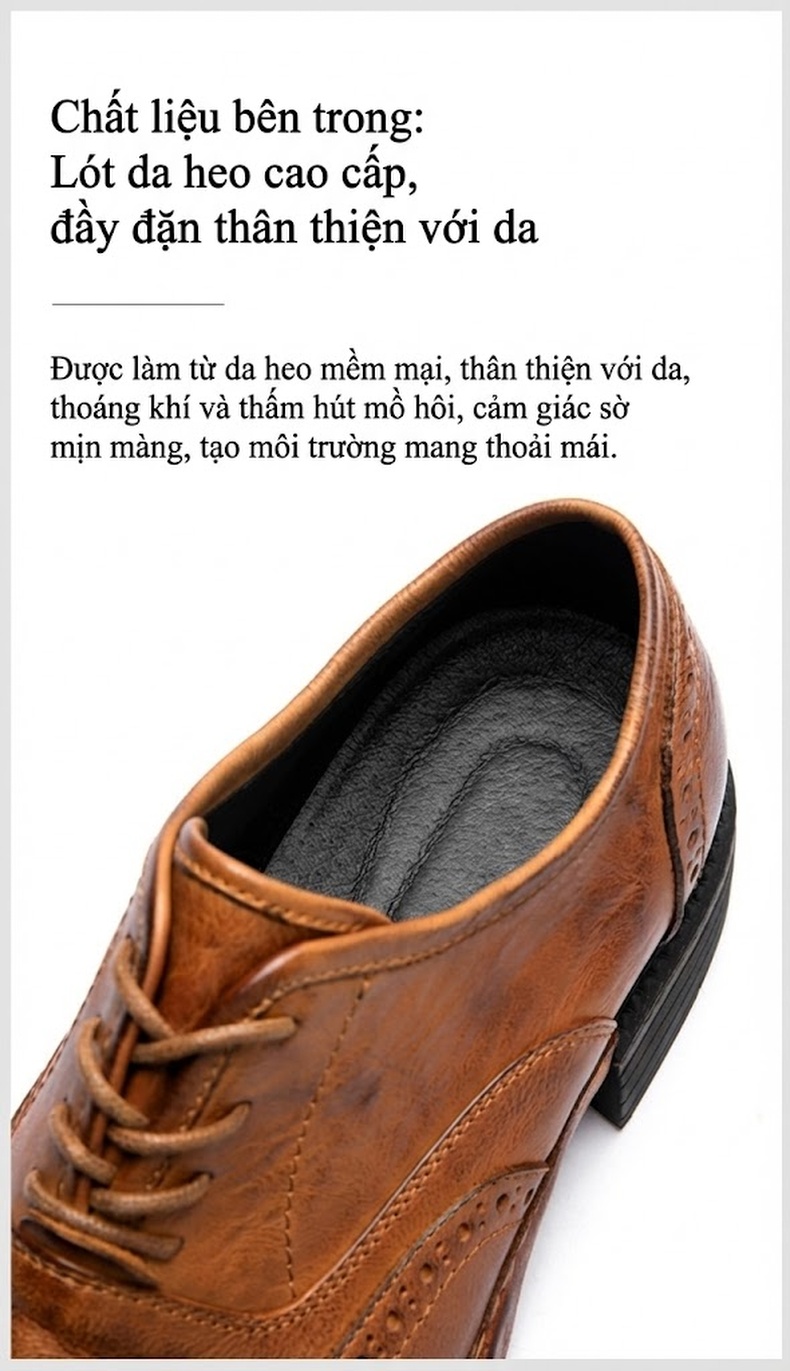 Giày Tây Buộc Dây Nam Da Bò Chiều Cao Đế Khoảng 3cm Màu Nâu, Đen chi tiết 11