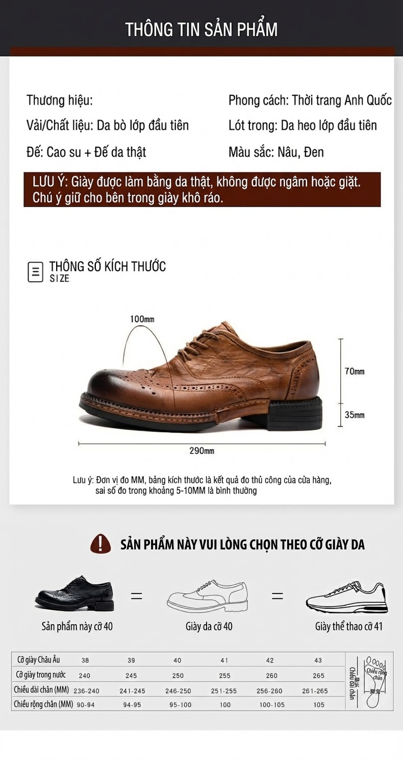 Giày Tây Buộc Dây Nam Da Bò Chiều Cao Đế Khoảng 3cm Màu Nâu, Đen chi tiết 7