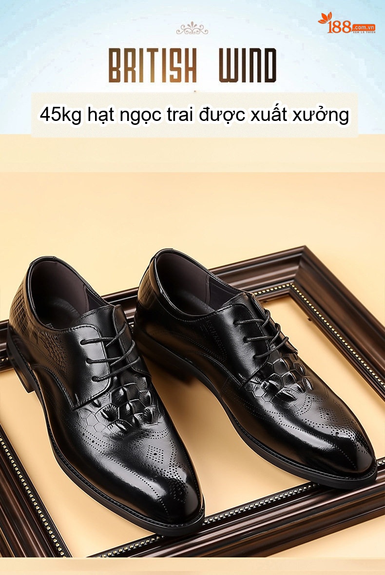 Giày Tây Buộc Dây Nam Da Bò Chiều Cao Đế Khoảng 3cm Màu Nâu, Đen chi tiết 2