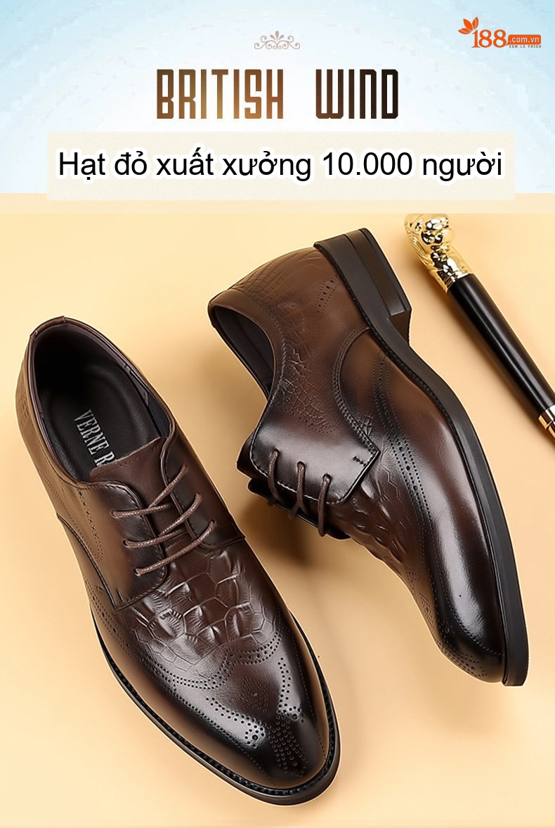 Giày Tây Buộc Dây Nam Da Bò Chiều Cao Đế Khoảng 3cm Màu Nâu, Đen chi tiết 3