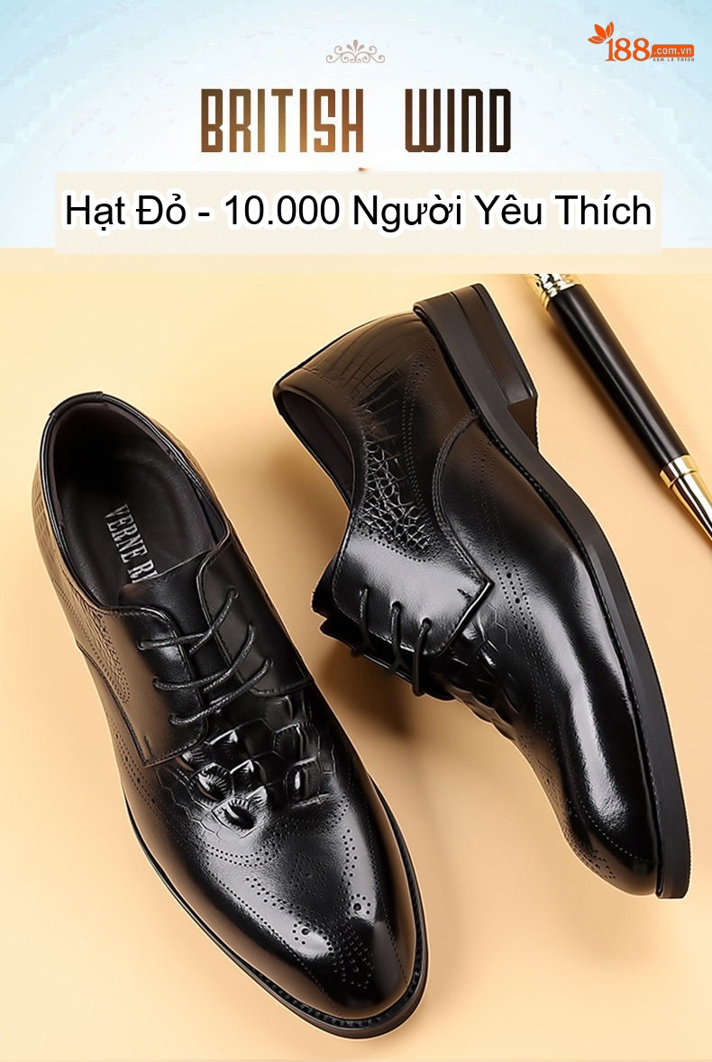 Giày Tây Buộc Dây Nam Da Bò Chiều Cao Đế Khoảng 3cm Màu Nâu, Đen chi tiết 4