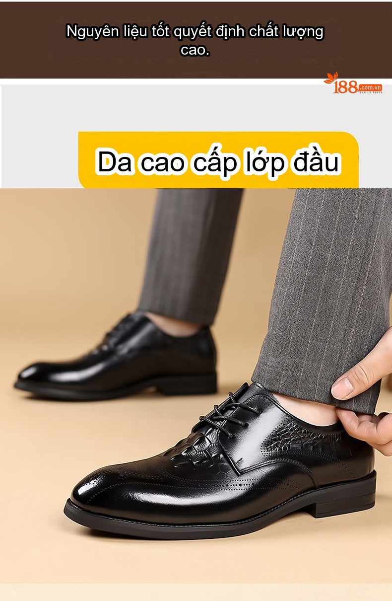 Giày Tây Buộc Dây Nam Da Bò Chiều Cao Đế Khoảng 3cm Màu Nâu, Đen chi tiết 5